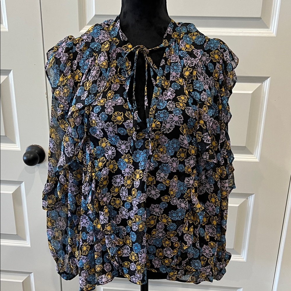 Topshop Floral Blouse - Black, Blue, Yellow and Lavender Sz M